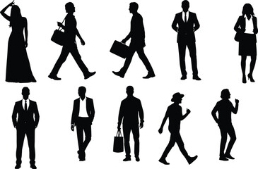 Silhouettes of diverse business people, men and women walking, standing, holding briefcases, casual and formal attire, professional style, urban lifestyle, 