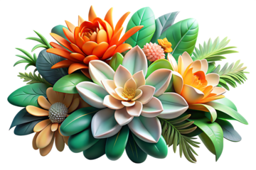 A colorful arrangement of stylized flowers and leaves in orange white and green on a black background