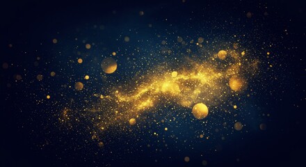Abstract Cosmic Galaxy with Golden Light and Sparkling Dust on Dark Blue Background.