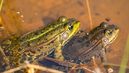Fototapeta premium Two frogs rest together in shallow water, their spotted bodies showcasing vibrant green and brown tones.