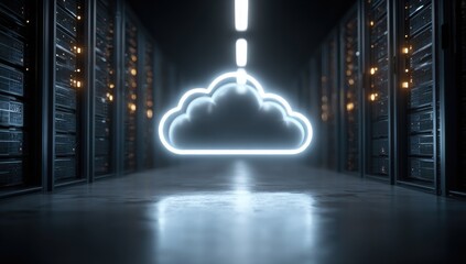 Neon cloud symbol in a server room