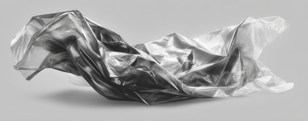 Draped, wrinkled plastic sheet in grayscale