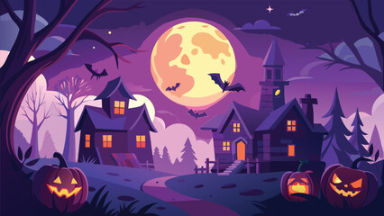 A spooky halloween scene unfolds under a large full moon with eerie silhouettes and autumnal colors
