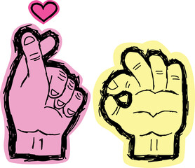 Pink wrist shows heart sign, yellow wrist shows OK symbol and everything is fine, black lines outline, grunge sketch style