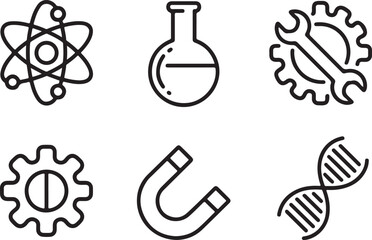 Collection of science and technology icons including atom dna gears magnet and flask isolated on white background