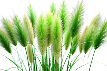 A cluster of feathery green ornamental grass plumes with soft white tips against a black background