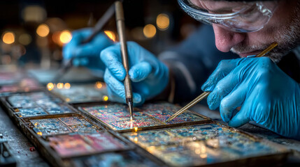 Obraz premium A close-up of hands in blue gloves, holding and carefully changing the antenna chip on an electronic device with tools.