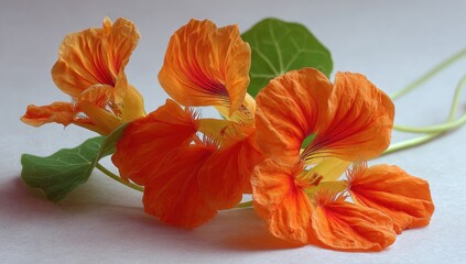 Close-up of three vibrant orange flowers with delicate petals, resting on a light gray surface.  Green leaves are visible.  Soft lighting highlights the textures and colors