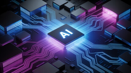 Central ai processor glowing with blue and purple light surrounded by circuitry
