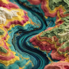 Abstract topographic map, vibrant colors, layered textures