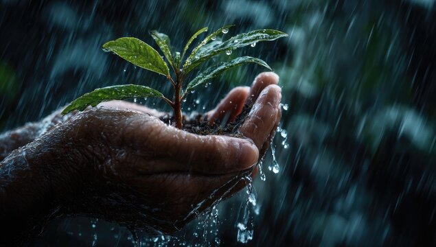 A small plant, rooted in soil, held gently in cupped hands during a heavy rain.  Water droplets cascade from above