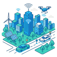 Isometric Illustration of a Smart City with Buildings, Cars, and Technology Elements.