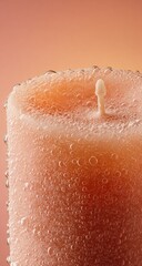 Fototapeta premium Close-up of a peach-colored candle, covered in water droplets, against a peach-toned gradient background. The candle's wick is visible at the top