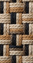 Fototapeta premium Close-up view of a woven texture, featuring crisscrossing light brown, beige, and dark brown cords