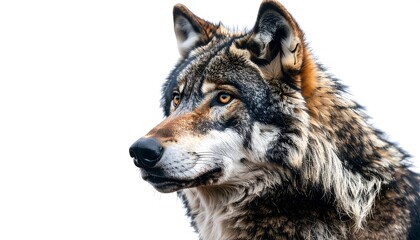A close-up profile view of a captivating gray wolf, showcasing its intricate coat patterns and intense gaze against a stark white background.