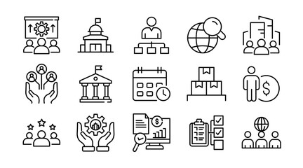 Stakeholder linear icon set. Business, partnership, team, collaboration, management, leadership, investors, company, group, strategy, communication, vector icon pack. Thin line style UI design set
