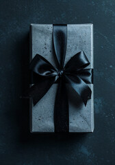 Dark Conceptual Still Life of Concrete-Textured Gift Box with Black Satin Ribbon &ndash; Cinematic Ultra-Realistic Photography