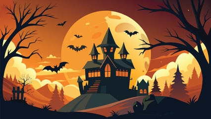 Spooky halloween night scene with vibrant colors and classic fonts