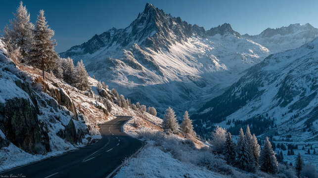 Aerial view of snow-covered mountains and a winding road in a serene winter landscape, Julierpass, Grisons, Switzerland.