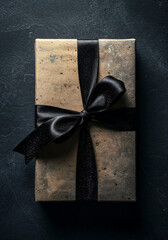 Dark Conceptual Still Life of Concrete-Textured Gift Box with Black Satin Ribbon &ndash; Cinematic Ultra-Realistic Photography