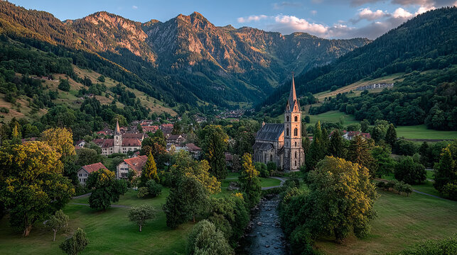 Aerial view of a picturesque village with tranquil houses nestled in a serene valley surrounded by mountains at sunset, Oensingen, Solothurn, Switzerland.