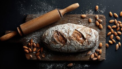 Rustic loaf of bread on a wooden board with a rolling pin and almonds