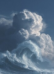 Dramatic ocean wave cresting beneath a massive, textured cloud formation