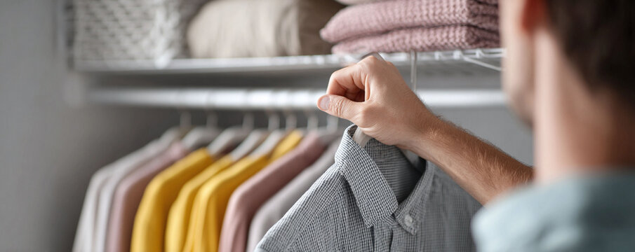 Man selecting shirt from closet, decisionmaking  personal style. Closet organization, wardrobe management concept. Use for lifestyle, fashion, interior design blogs.