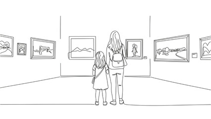 Woman and Child Line Art | Continuous One-Line Vector of Mother and Daughter in Gallery