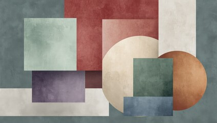 Abstract geometric shapes in muted colors layered on a neutral backdrop