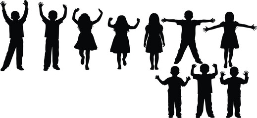 Silhouettes of happy children playing, kids jumping and dancing, group of boys and girls, childhood fun illustration, isolated black figures on white background