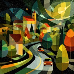 Fototapeta premium A stylized illustration of a winding road through a picturesque village at night,