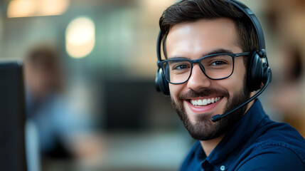 Friendly customer service representative with headset, clean background, support and professionalism