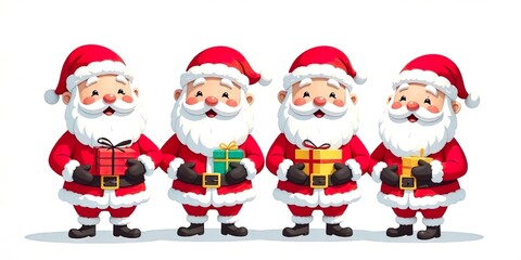 Cute Santa Claus carrying different gifts, cartoon Christmas artwork on white