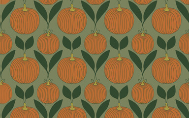 Obraz premium Art Deco Pumpkin and Leaf Pattern in Orange and Sage Green