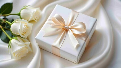 Luxury White Gift Box with Pearl Satin Ribbon and Fresh White Roses on Satin Fabric &ndash; Close-Up Product Photography