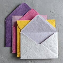 Four colorful envelopes, varying shades of purple, pink, 