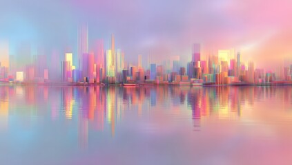 Fototapeta premium Pastel cityscape reflected in water, soft hues
