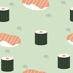 Seamless sushi pattern, hand-drawn digitally in soft pastel colors. Minimal and elegant vector design, perfect for fabric prints, endpapers, gift wrap, or background decoration.