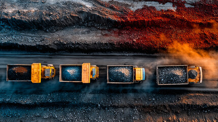 Aerial view of open cut coal mining with heavy machinery and trucks, Hunter Valley, New South Wales, Australia.