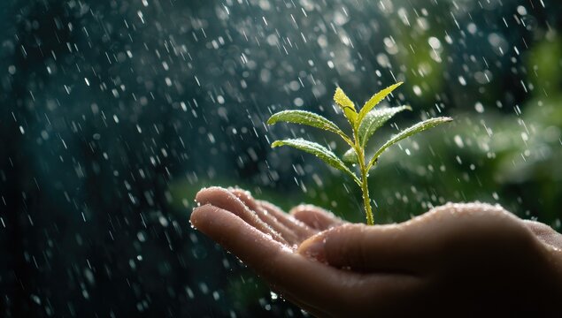 A small plant held in a hand, bathed in rain