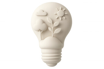3d rendering of a light bulb containing sun, clouds, tree, and plant symbolizing green energy, isolated on transparent background