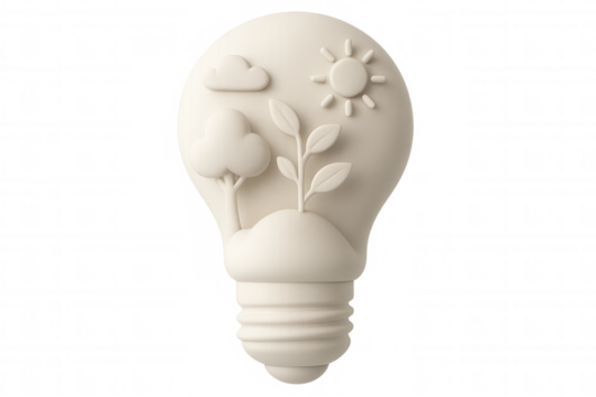 3d rendering of a light bulb containing sun, clouds, tree, and plant symbolizing green energy, isolated on transparent background - Powered by Adobe