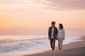 Romantic scene of a couple walking handinhand on a beach at sunset. A serene and idyllic moment, ideal for themes of love, travel, lifestyle, and relationship goals.