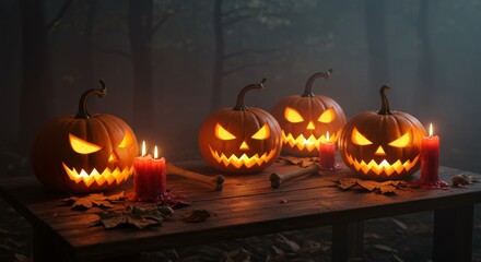 Obraz premium Menacing Jack-o-Lanterns and Flickering Candles Illuminate a Spooky Halloween Night.