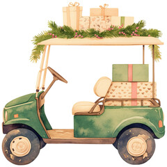 Nautical Coastal Christmas. A festive golf cart adorned with gifts and greenery watercolor clipart