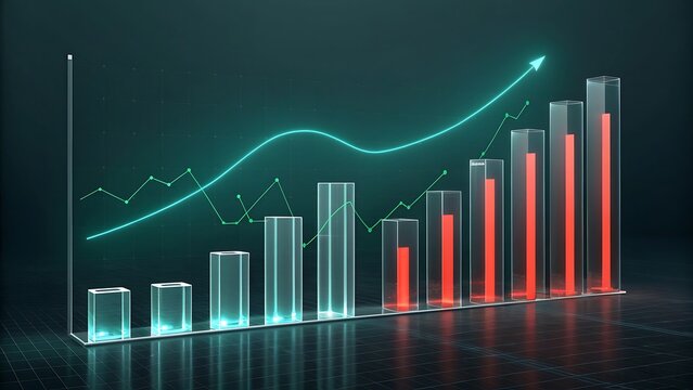 A business graph with an up arrow on a black background illustrates financial growth and success in the stock market
