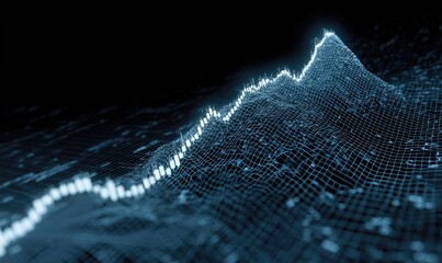 Abstract digital graph, a mesh-like representation of a rising line chart, against a dark background