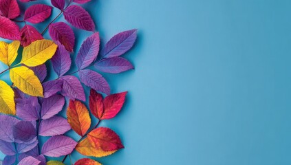 Vibrant autumn leaves arranged on a light blue background
