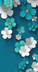 Teal and white flowers cascading on a teal background